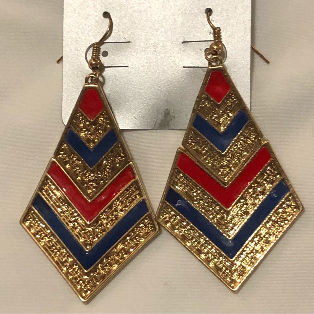 Red, gold & blue dangle earrings! ❤️💙